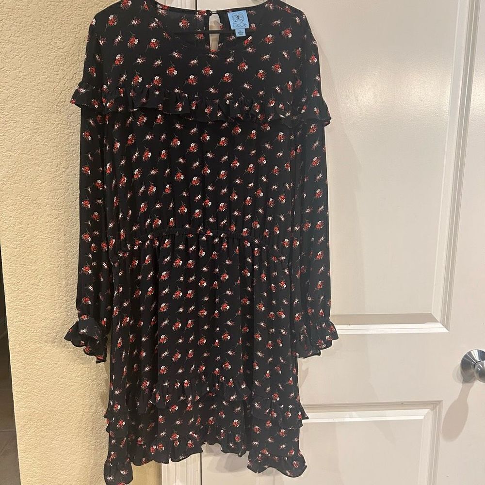 Cece black wildflower fling long sleeve ruffle dress size XL